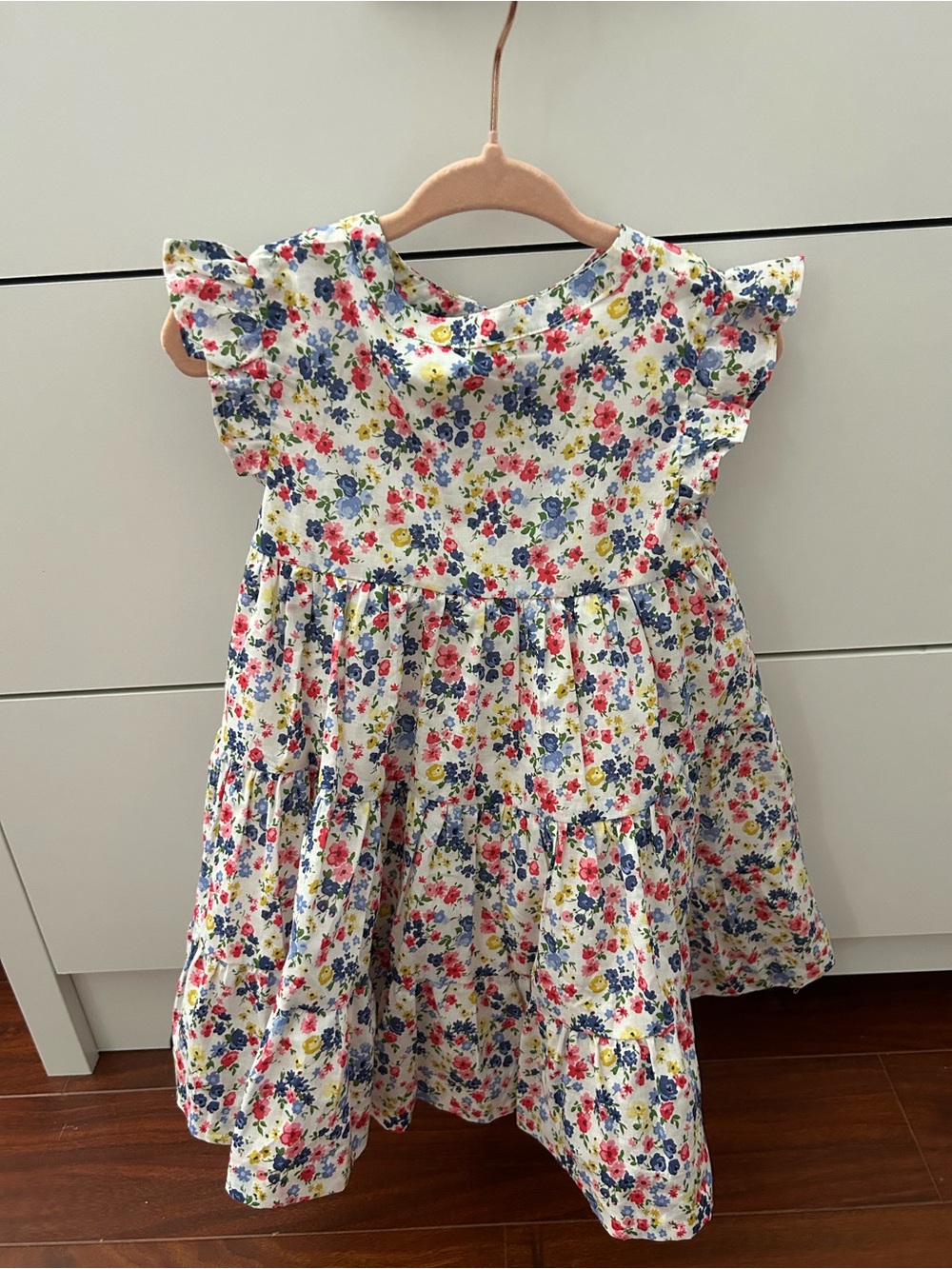 Janie and Jack White Floral Tiered Dress with Pink, Blue, Yellow & Green flowers
